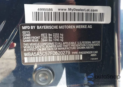 2015 BMW 528I из США, поврежденный, VIN WBA5A5C57FD520279